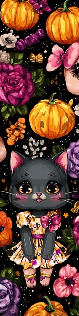 Free kawaii cats bookmark featuring a black cat with a pumpkin theme
